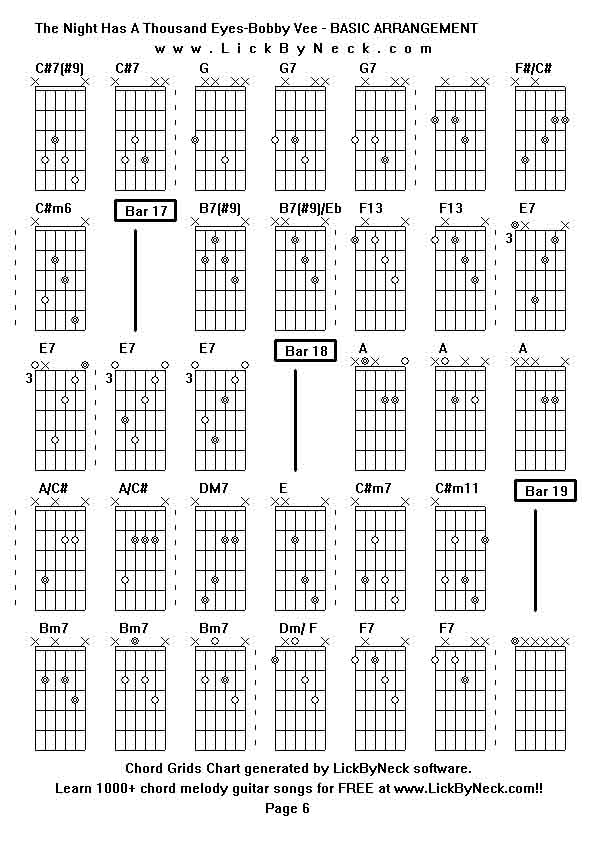 Chord Grids Chart of chord melody fingerstyle guitar song-The Night Has A Thousand Eyes-Bobby Vee - BASIC ARRANGEMENT,generated by LickByNeck software.